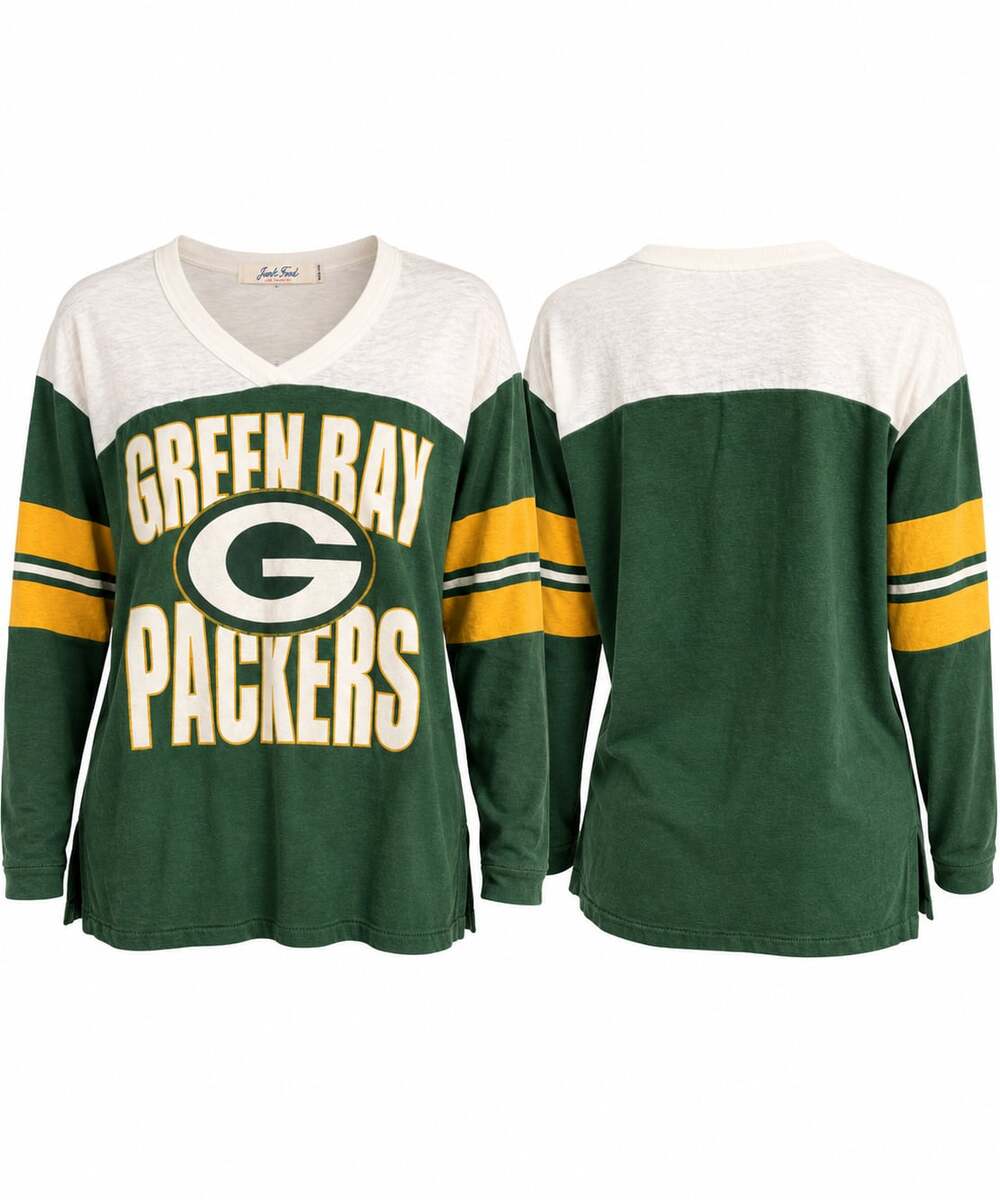 Junk Food Green Bay Packers NFL Colorblock V Neck Long Sleeve Tee Medium